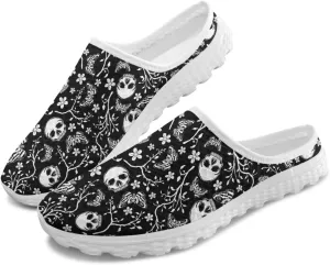 Art Skull Design Women Mesh Mules Memory Foam Flat Anti-Slip Fashion Sneakers Comfortable Slip-On Mule Garden Shoes
