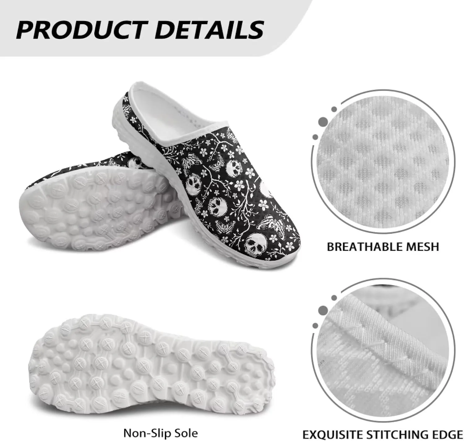 Art Skull Design Women Mesh Mules Memory Foam Flat Anti-Slip Fashion Sneakers Comfortable Slip-On Mule Garden Shoes