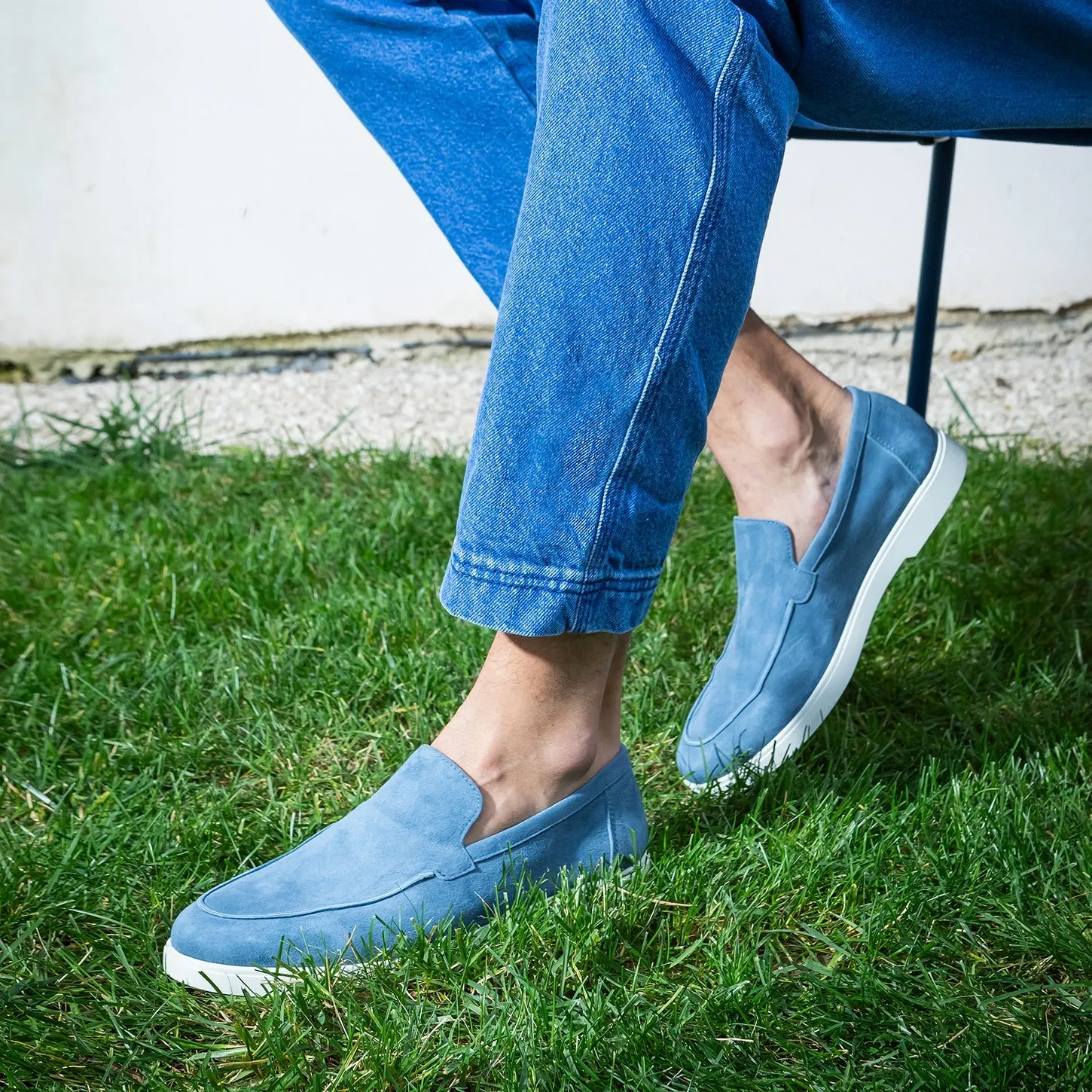 Avio Blue Deer-Skin Suede Unlined Loafers - Fabiano Ricci