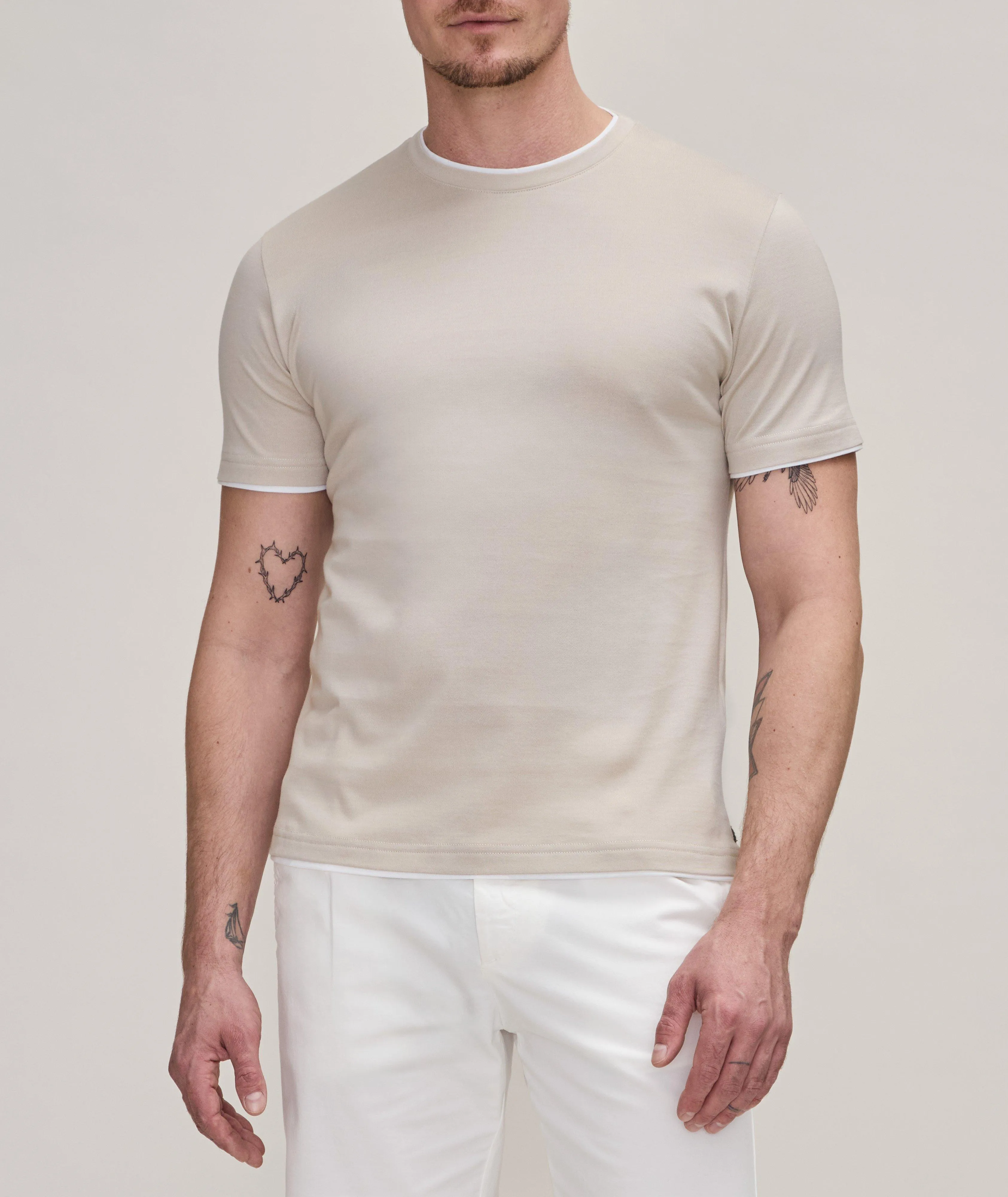 Beige Double-Collared Crew Neck Cotton T-Shirt - ELEVENTY PLATINUM
