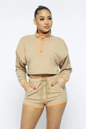 Beige Long Sleeve Crop Top And Shorts Set