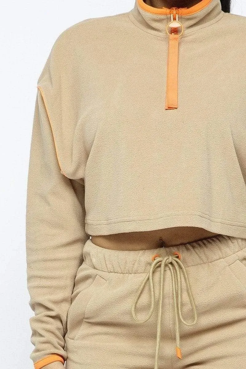 Beige Long Sleeve Crop Top And Shorts Set