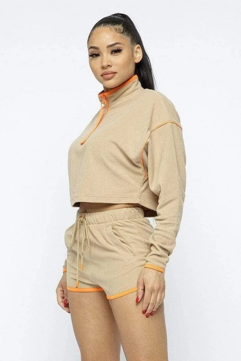 Beige Long Sleeve Crop Top And Shorts Set
