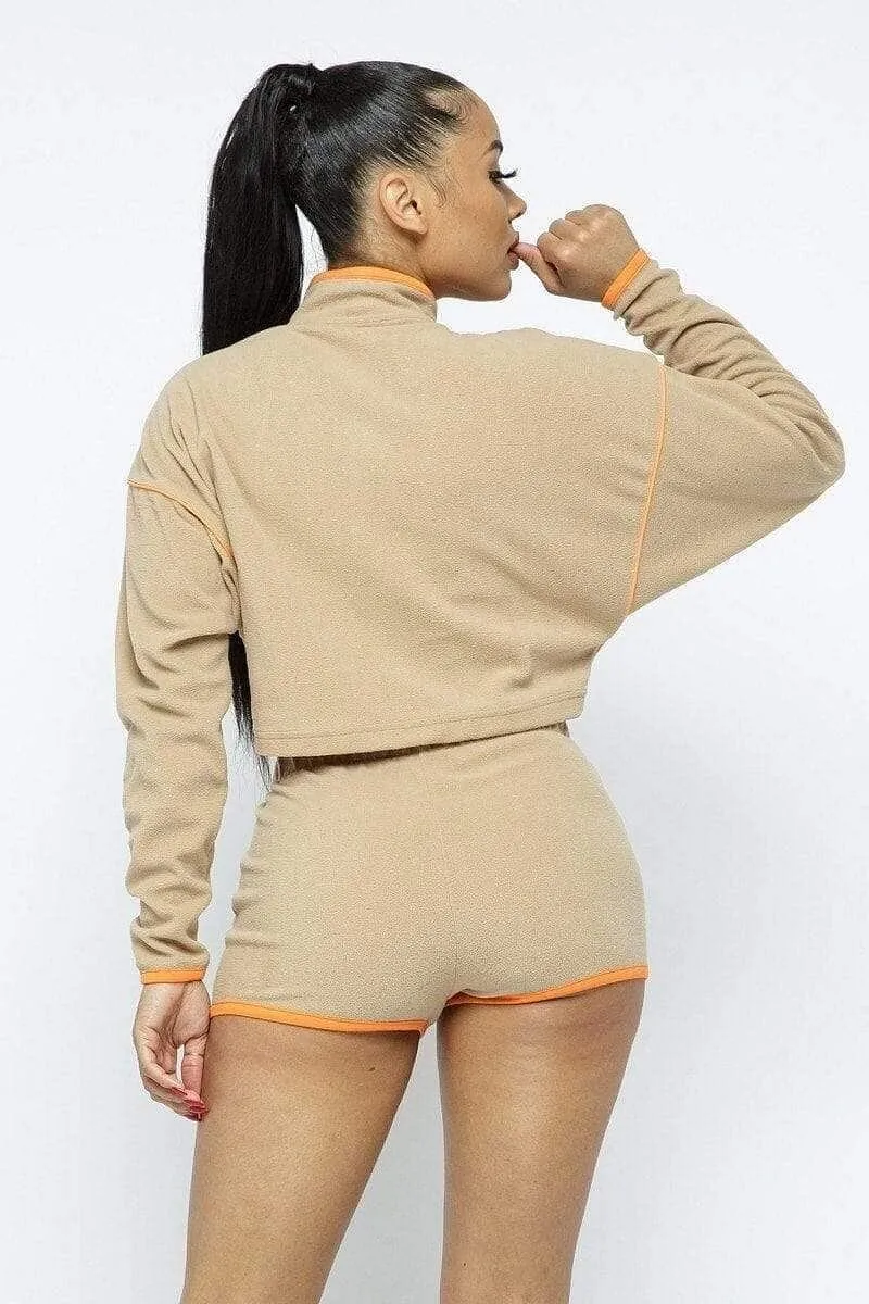 Beige Long Sleeve Crop Top And Shorts Set