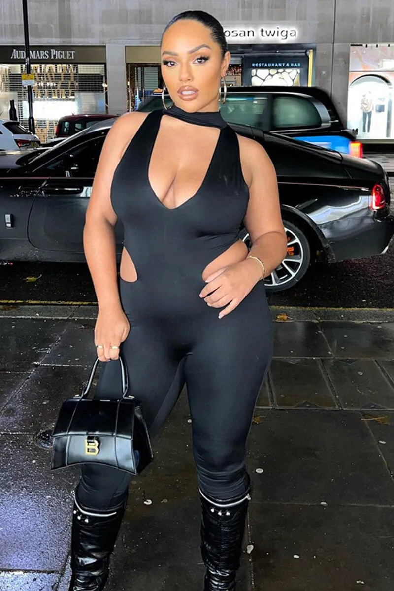 Black Deep V Neck Cut Out Side Jumpsuit
