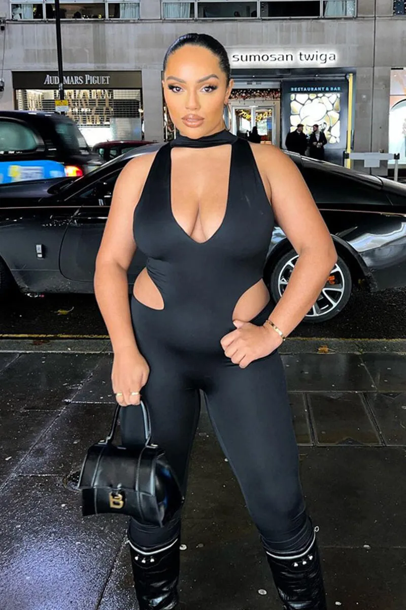 Black Deep V Neck Cut Out Side Jumpsuit