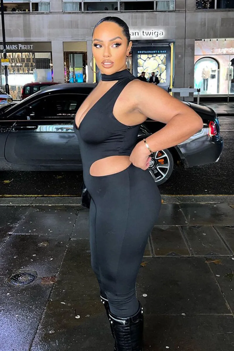 Black Deep V Neck Cut Out Side Jumpsuit
