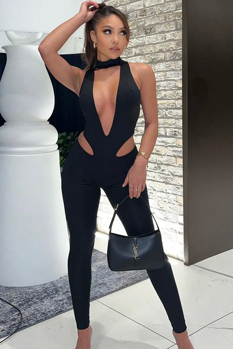 Black Deep V Neck Cut Out Side Jumpsuit