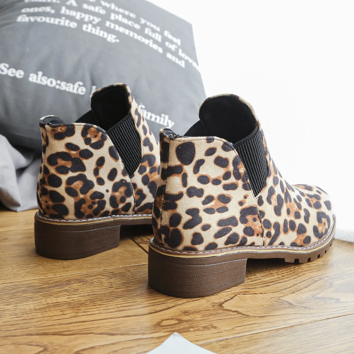 Chicvane New Women's Leopard Print Chunky Heel Ankle Boots With Elastic Band