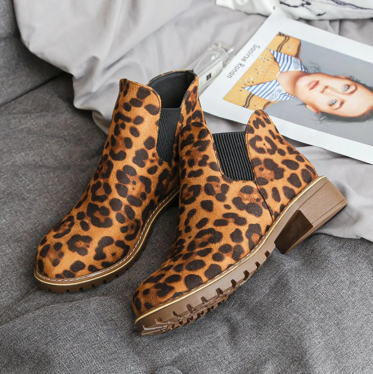 Chicvane New Women's Leopard Print Chunky Heel Ankle Boots With Elastic Band