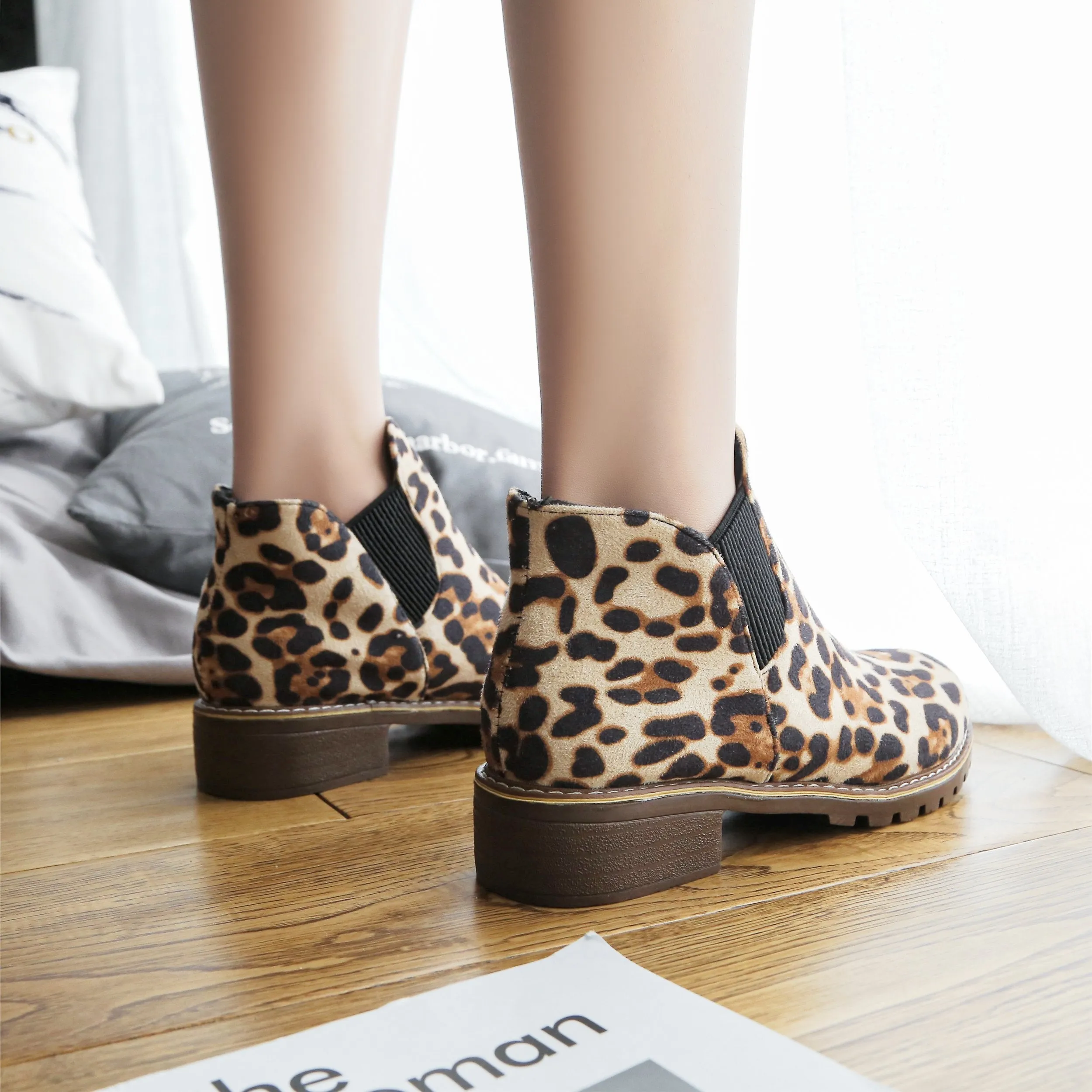 Chicvane New Women's Leopard Print Chunky Heel Ankle Boots With Elastic Band
