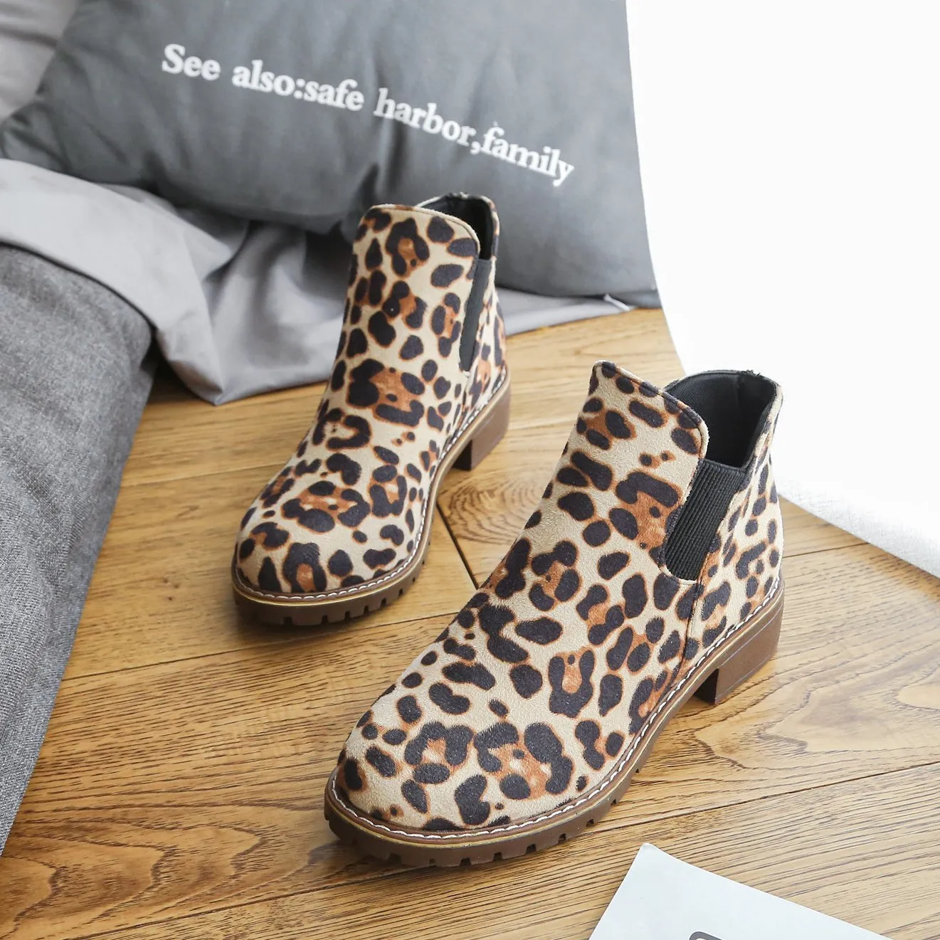 Chicvane New Women's Leopard Print Chunky Heel Ankle Boots With Elastic Band