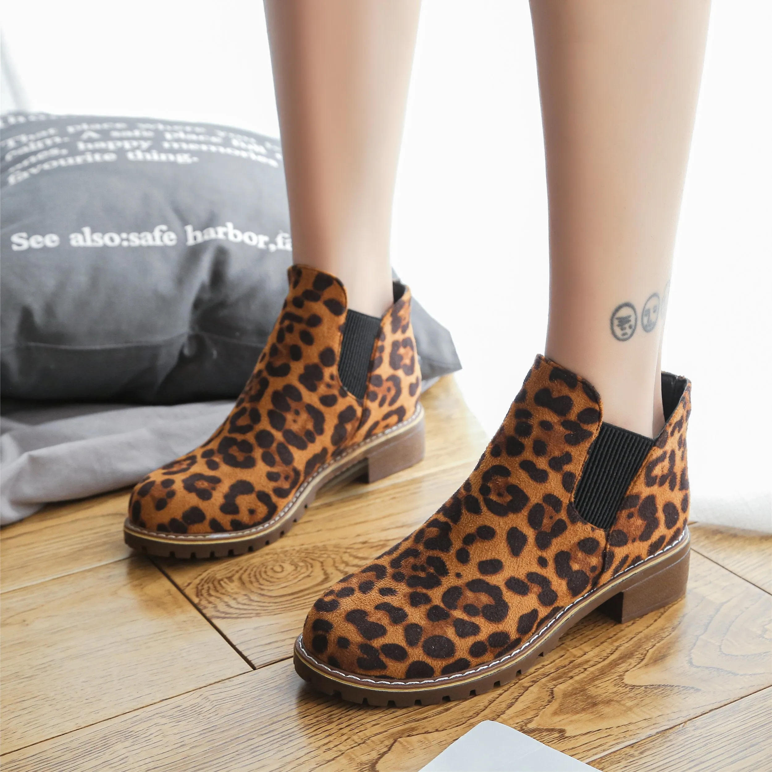 Chicvane New Women's Leopard Print Chunky Heel Ankle Boots With Elastic Band