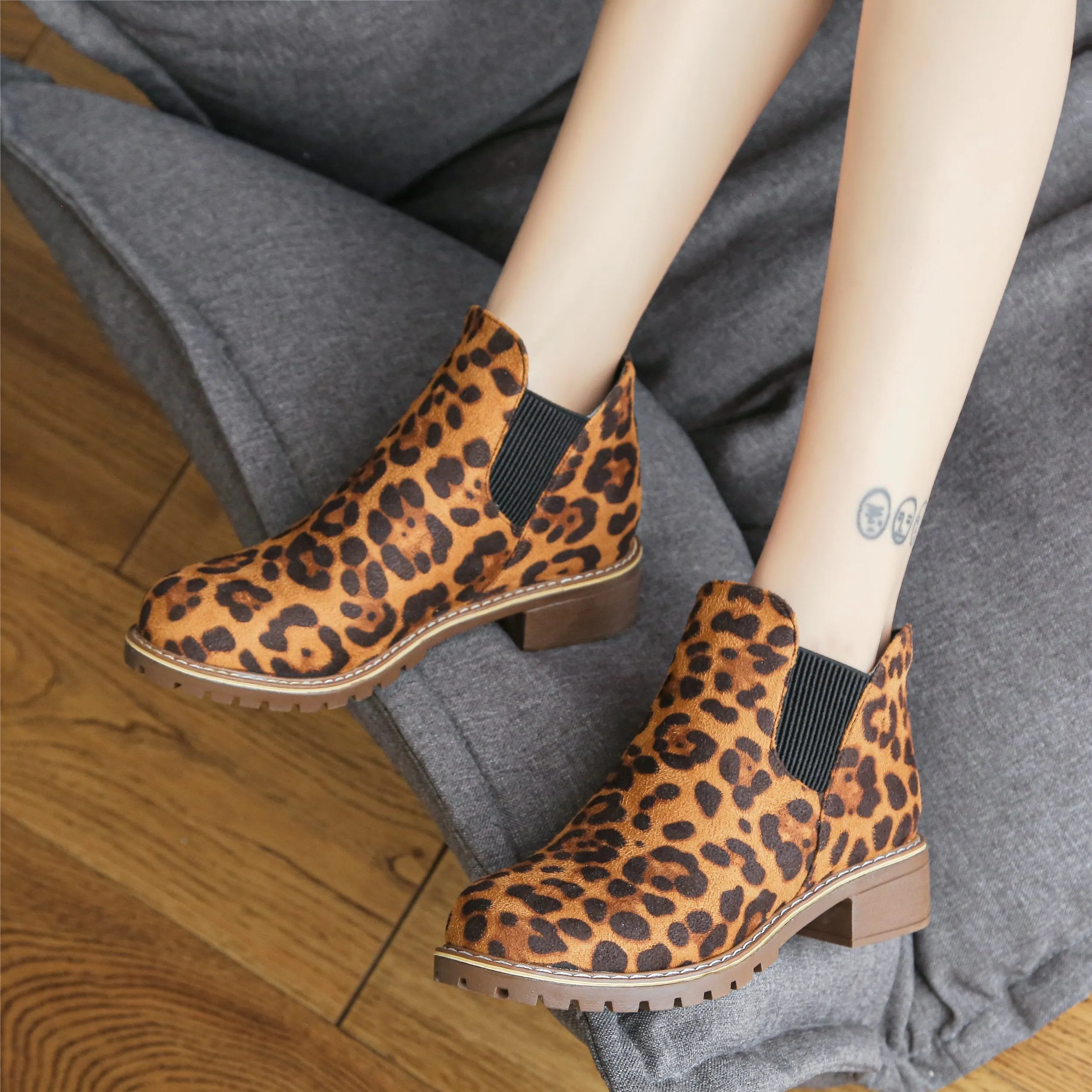 Chicvane New Women's Leopard Print Chunky Heel Ankle Boots With Elastic Band