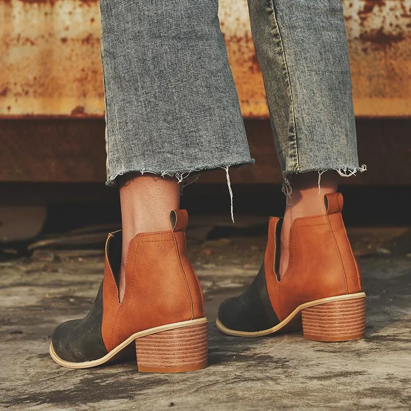 Chicvane New Women's suede Chunky Heel Ankle Boots With Wooden Heel