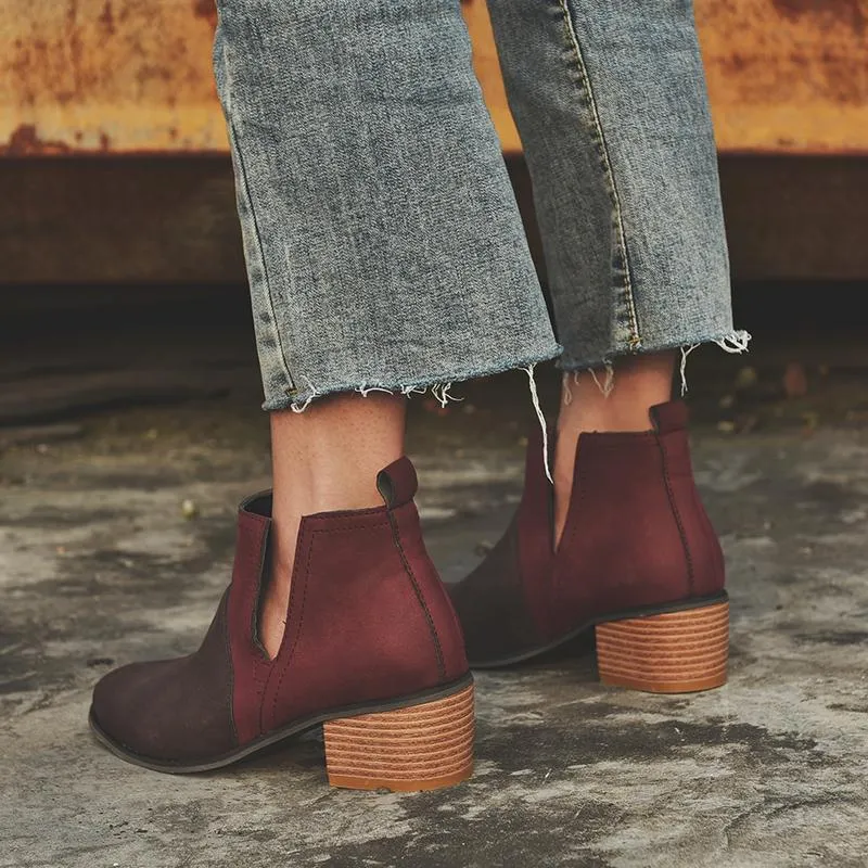 Chicvane New Women's suede Chunky Heel Ankle Boots With Wooden Heel
