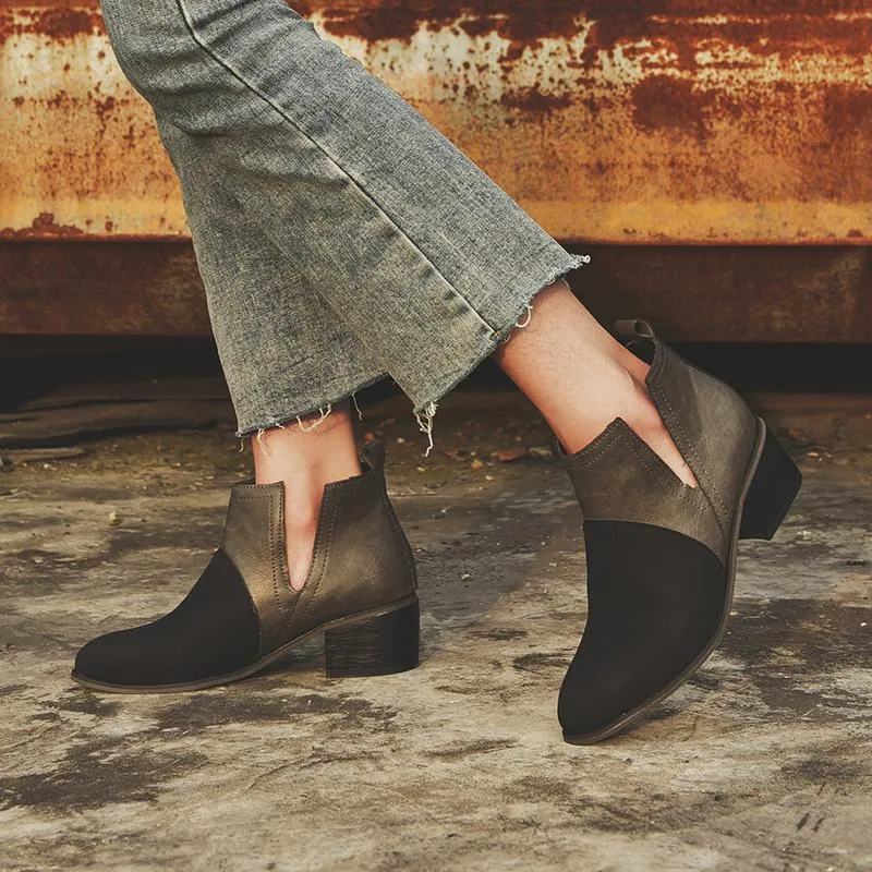 Chicvane New Women's suede Chunky Heel Ankle Boots With Wooden Heel