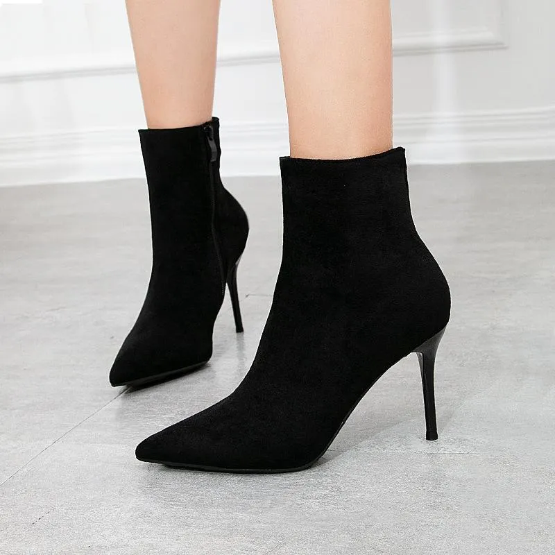 Chicvane Pointed Toe Stiletto Heel Suede Mid Calf Boots
