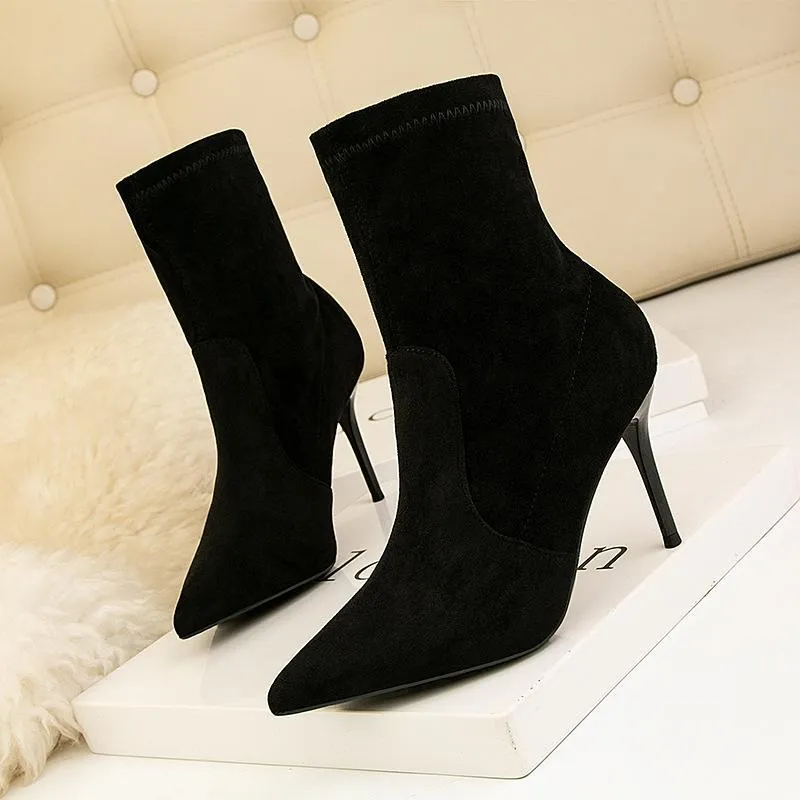 Chicvane Pointed Toe Stiletto Heel Suede Mid Calf Boots