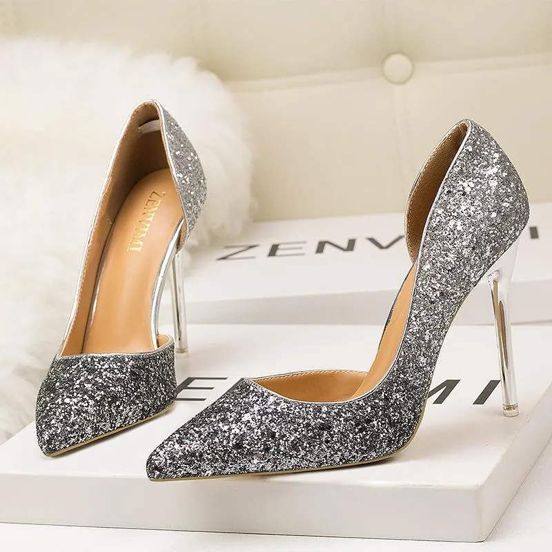 Chicvane Sequined Stiletto Heel Pointed Toe Bridal Shoes