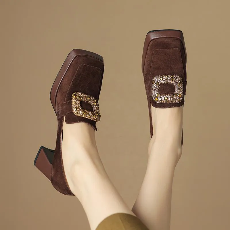 Chunky High Heels Rhinestone Buckle Women's Loafers