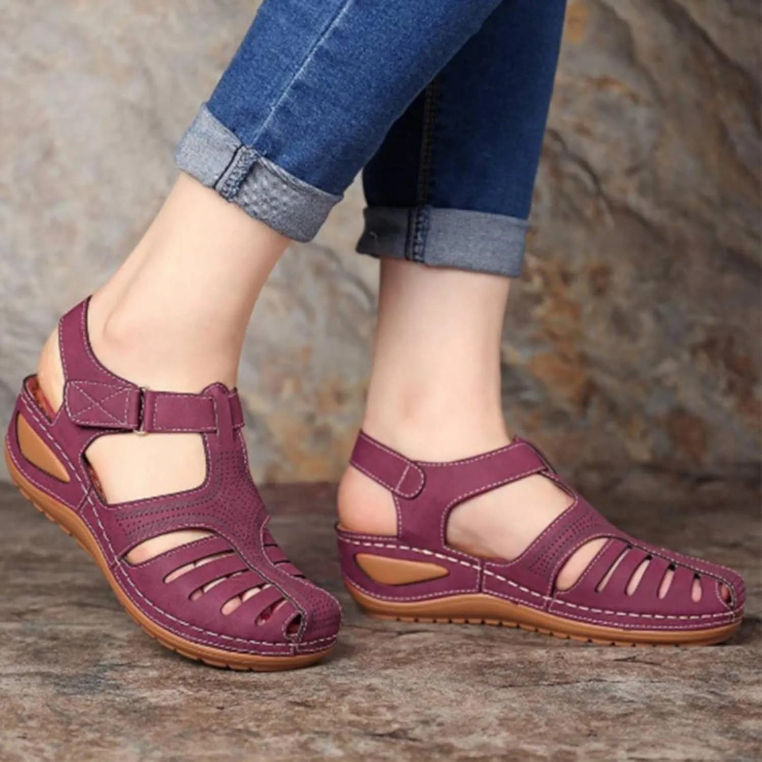 Closed Toe Sandals Women Orthopedic Dressy Summer Wedge Sandals Hollow Out Platform Gladiator Buckle Strap Beach Shoes