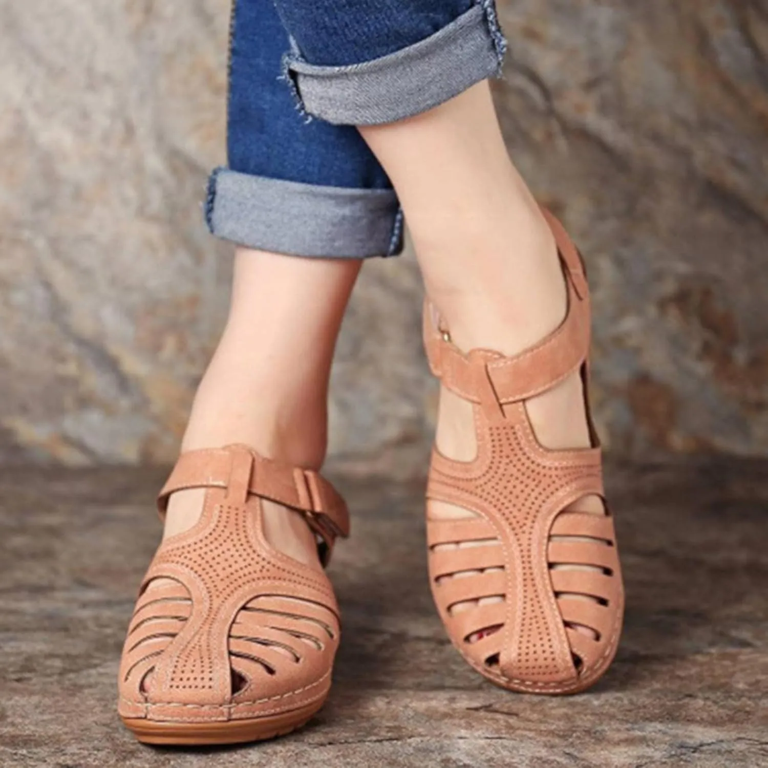 Closed Toe Sandals Women Orthopedic Dressy Summer Wedge Sandals Hollow Out Platform Gladiator Buckle Strap Beach Shoes