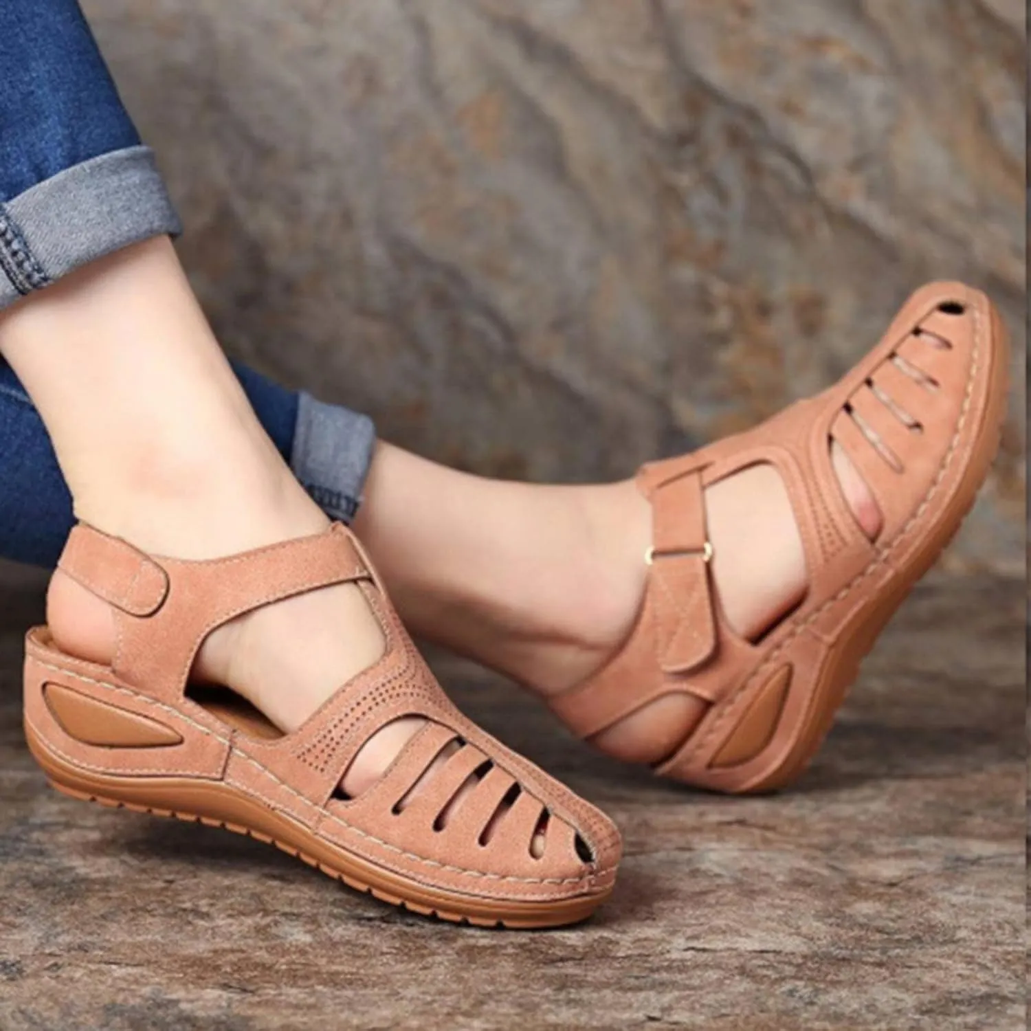 Closed Toe Sandals Women Orthopedic Dressy Summer Wedge Sandals Hollow Out Platform Gladiator Buckle Strap Beach Shoes