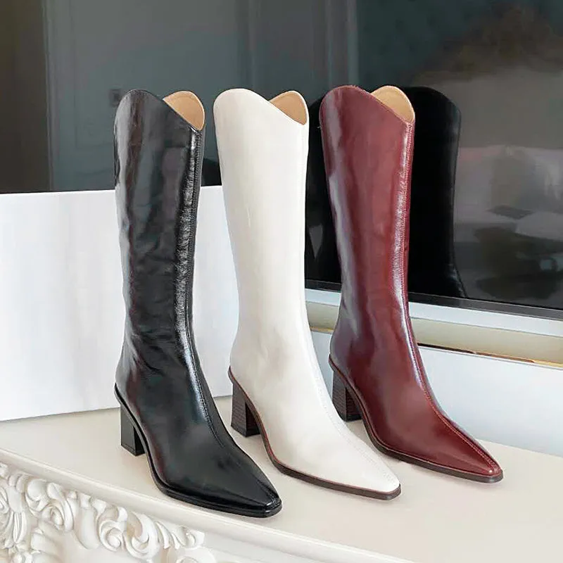 Cowboy Boots Women Handmade Genuine Leather In White/Black/Red-Western R Toe Boots
