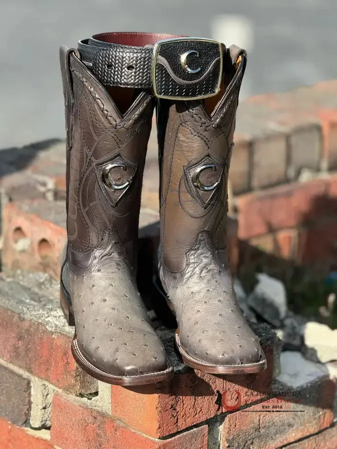 CUADRA BOOTS OSTRICH GREY LASER & EMBROIDERY SQUARE TOE
