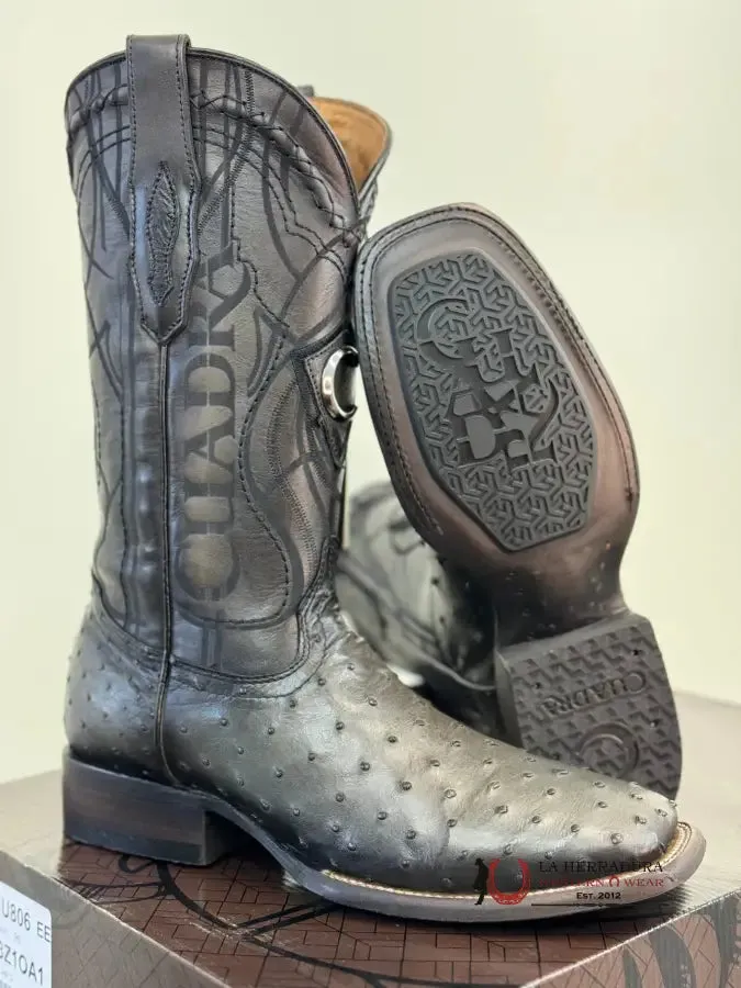 CUADRA BOOTS OSTRICH GREY LASER & EMBROIDERY SQUARE TOE