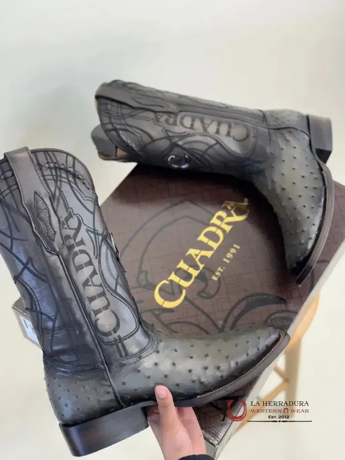 CUADRA BOOTS OSTRICH GREY LASER & EMBROIDERY SQUARE TOE