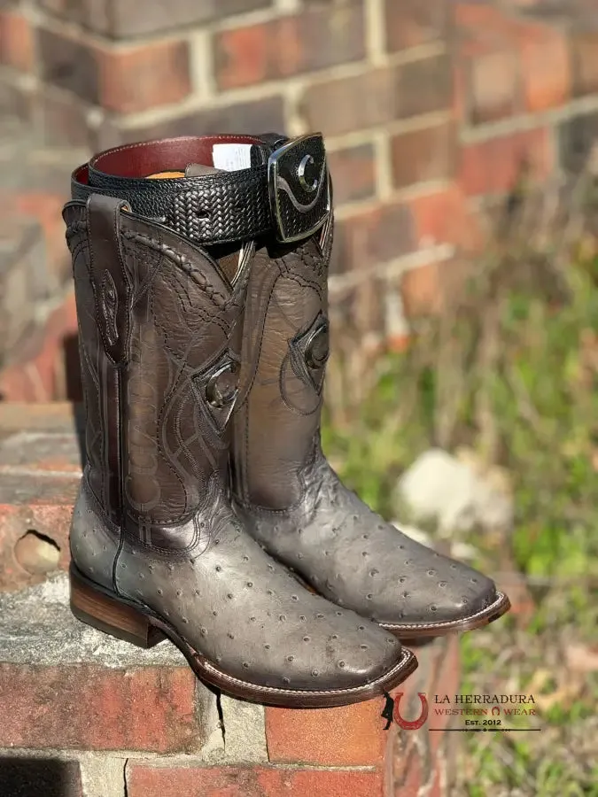 CUADRA BOOTS OSTRICH GREY LASER & EMBROIDERY SQUARE TOE
