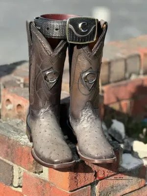 CUADRA BOOTS OSTRICH GREY LASER & EMBROIDERY SQUARE TOE