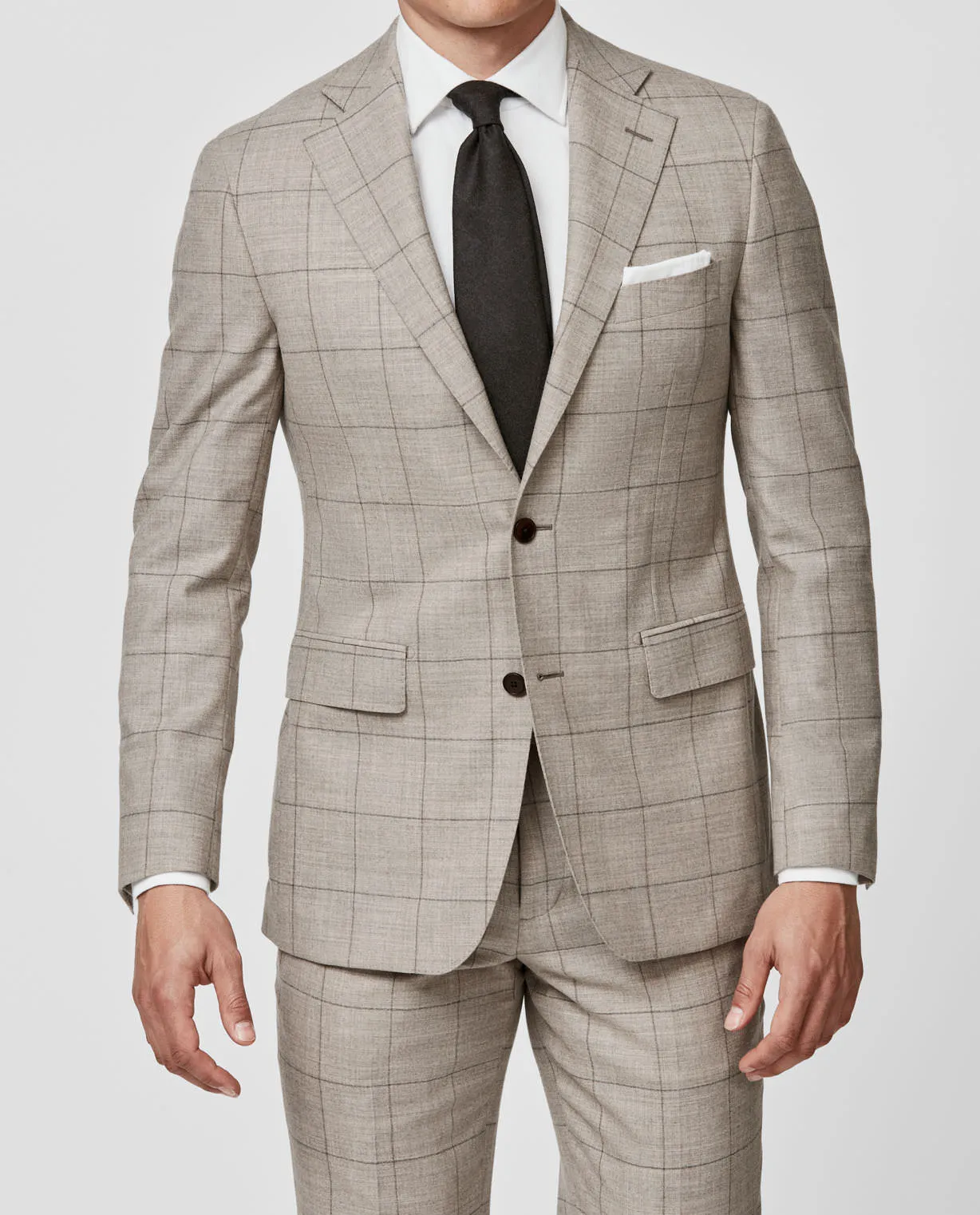 Drago Beige Natural Bi Stretch S130 Wool Flannel With Brown Windowpane