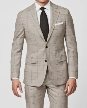 Drago Beige Natural Bi Stretch S130 Wool Flannel With Brown Windowpane