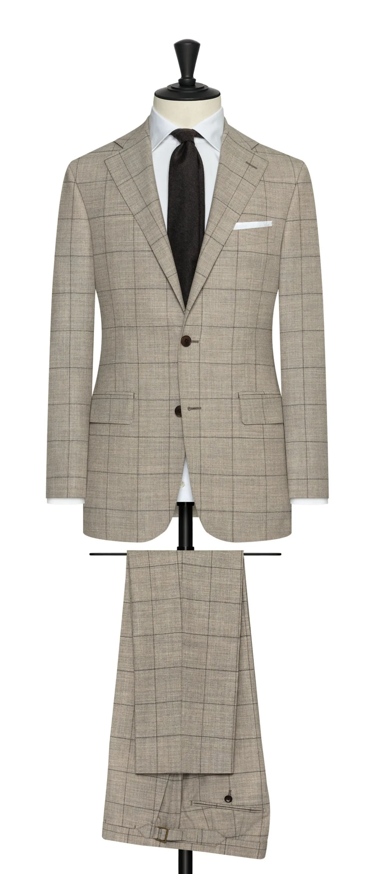 Drago Beige Natural Bi Stretch S130 Wool Flannel With Brown Windowpane