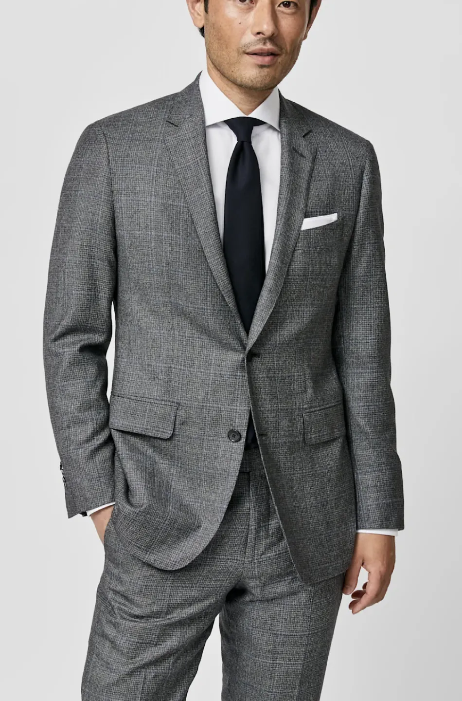 E. Thomas Grey to Black Merino Wool & Cashmere Micro Check with Prussian Blue Overcheck