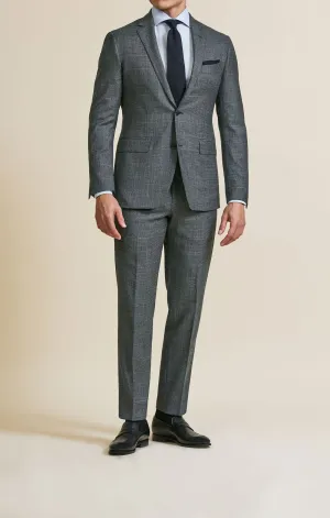 E. Thomas Grey to Black Merino Wool & Cashmere Micro Check with Prussian Blue Overcheck
