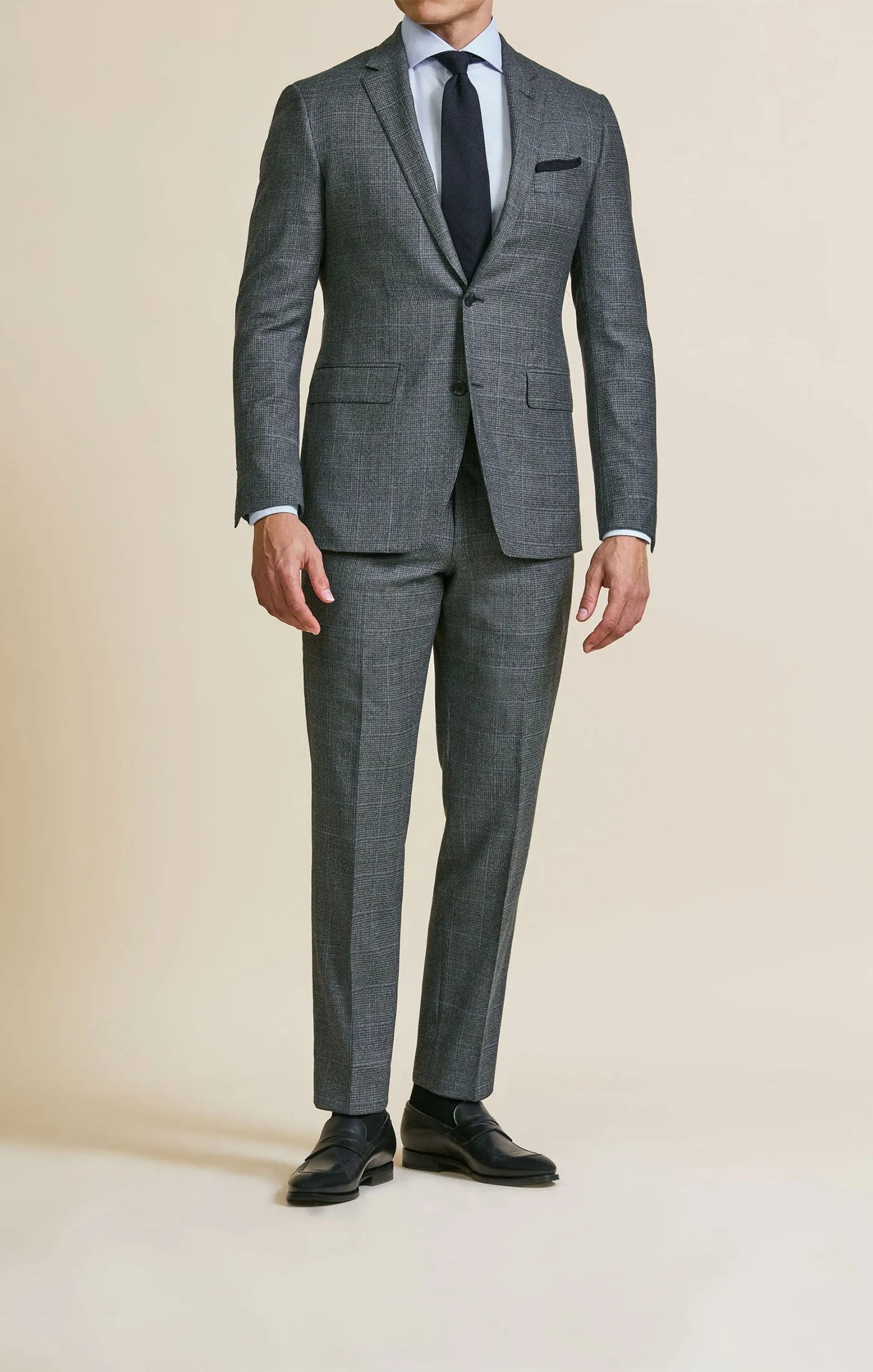 E. Thomas Grey to Black Merino Wool & Cashmere Micro Check with Prussian Blue Overcheck