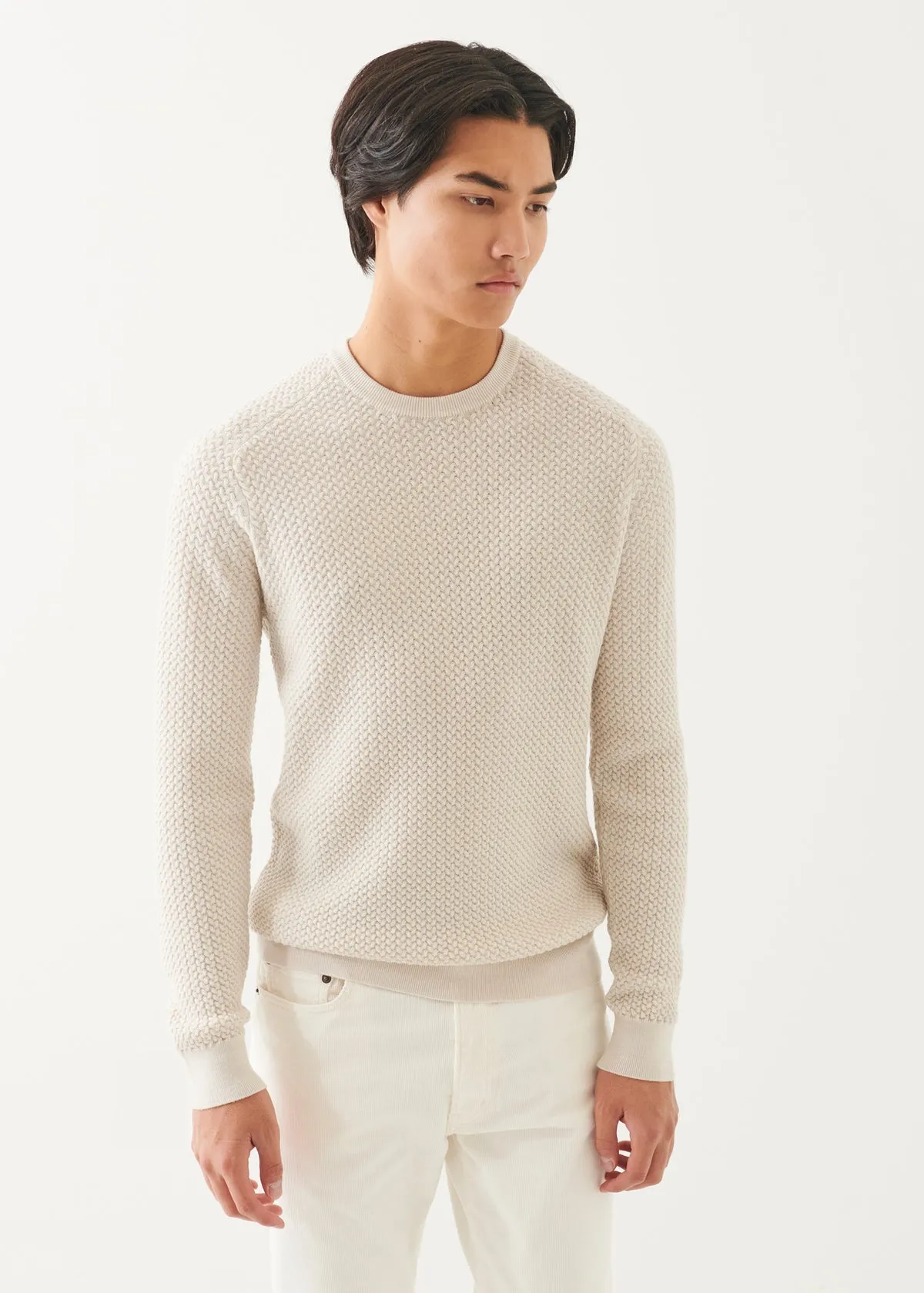 Eggshell Textured Merino Wool Crew Neck Sweater - Patrick Assaraf