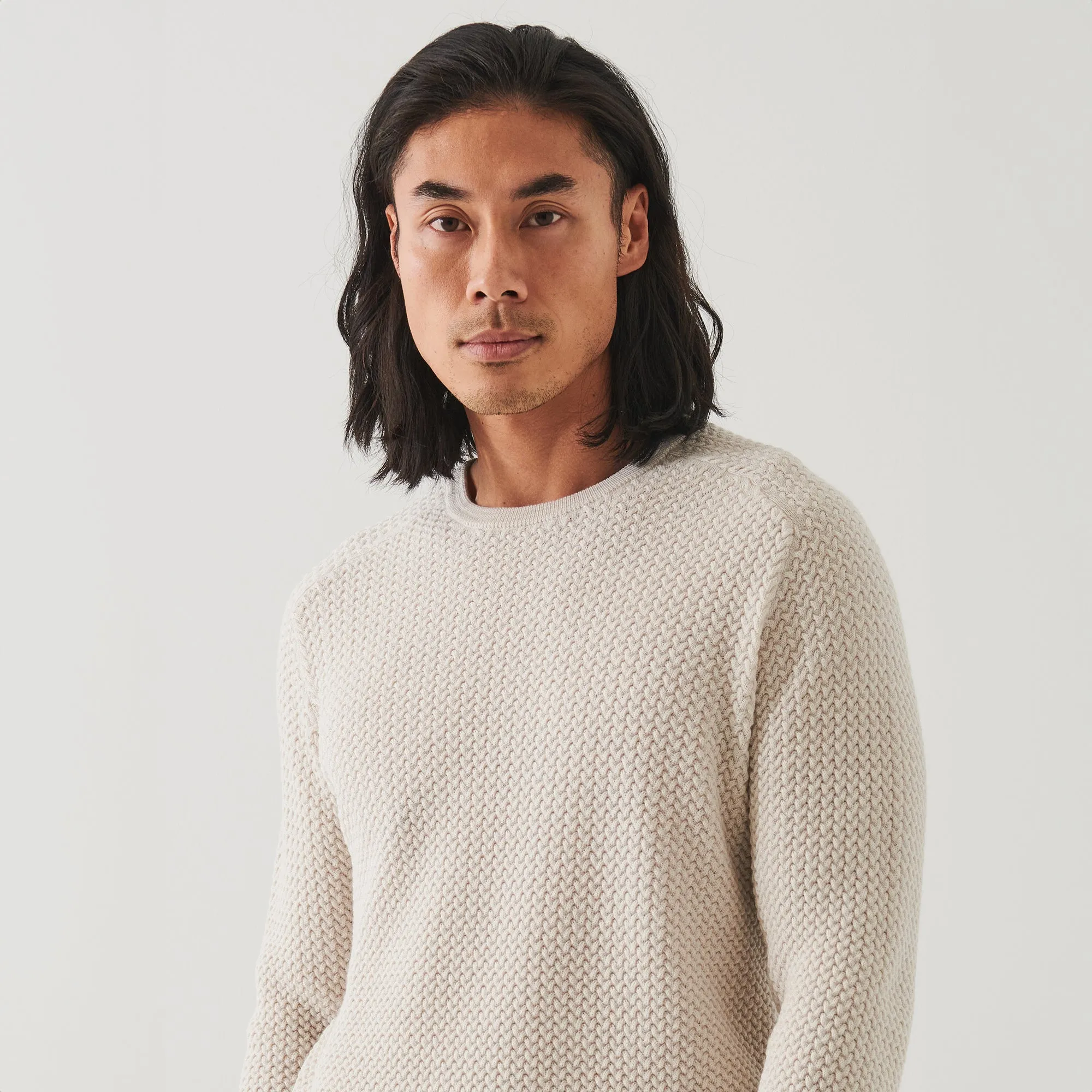 Eggshell Textured Merino Wool Crew Neck Sweater - Patrick Assaraf