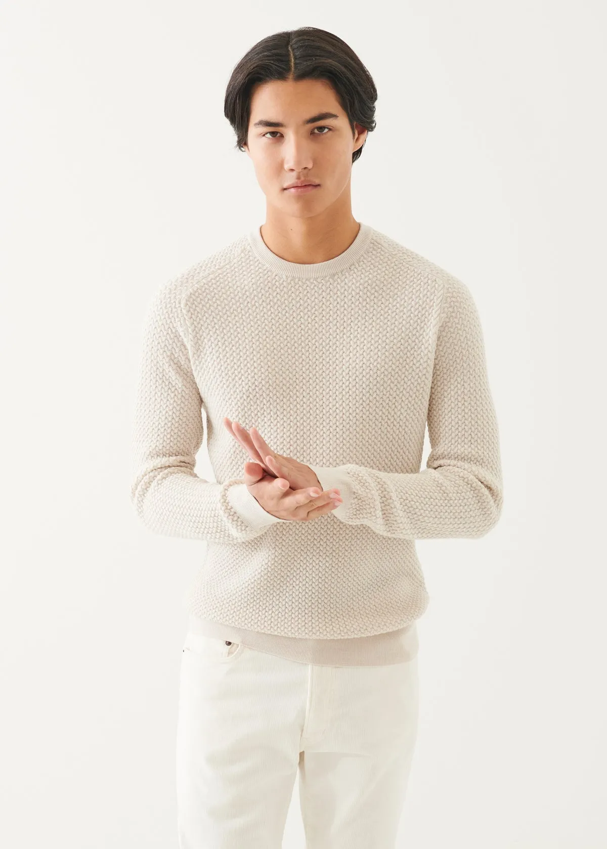 Eggshell Textured Merino Wool Crew Neck Sweater - Patrick Assaraf