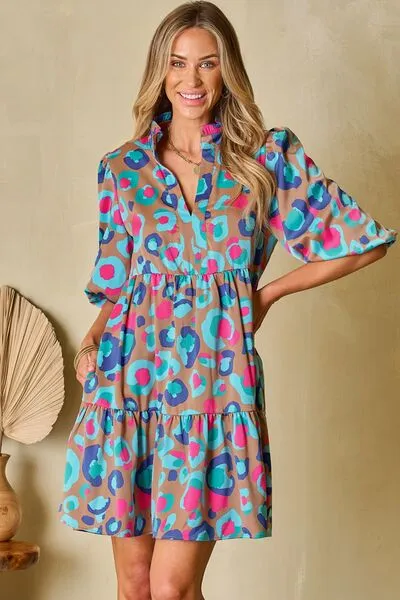 Elegant Notched Balloon Sleeve Mini Dress