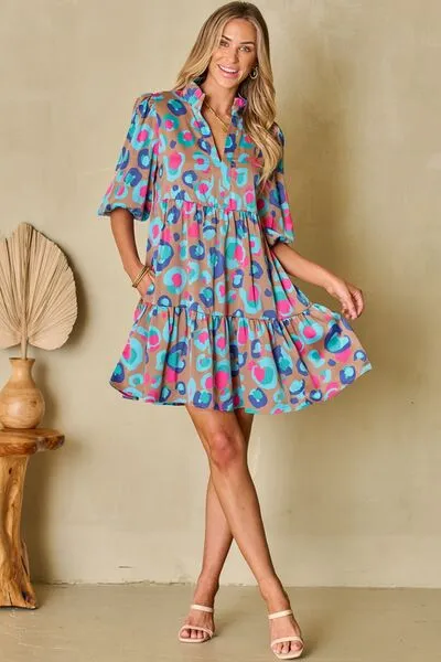 Elegant Notched Balloon Sleeve Mini Dress