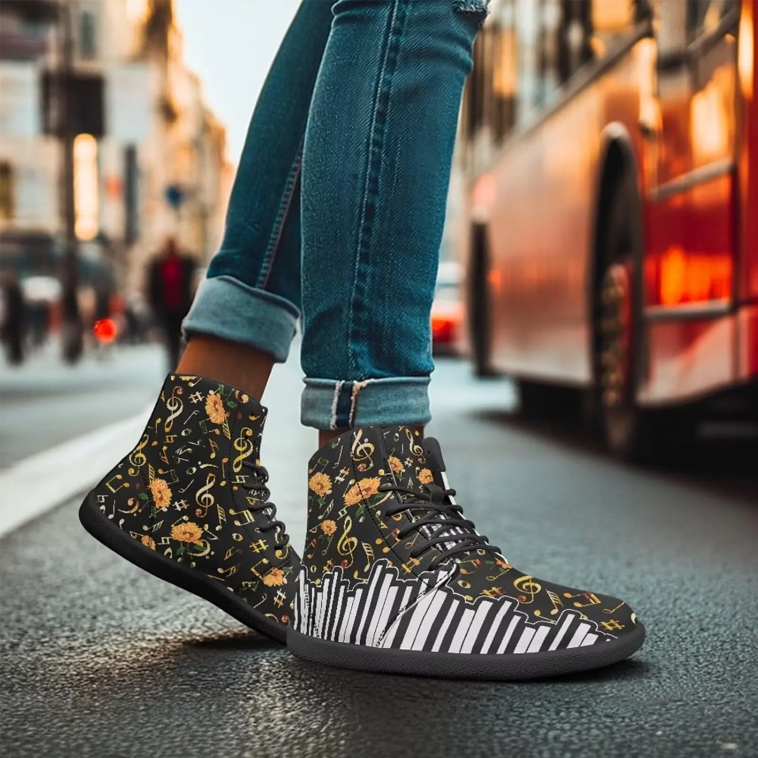 Fancy Music Notes Barefoot Shoes Non Slip Women's Fashion Sneakers Breathable High Top Ankle Platform Shoes