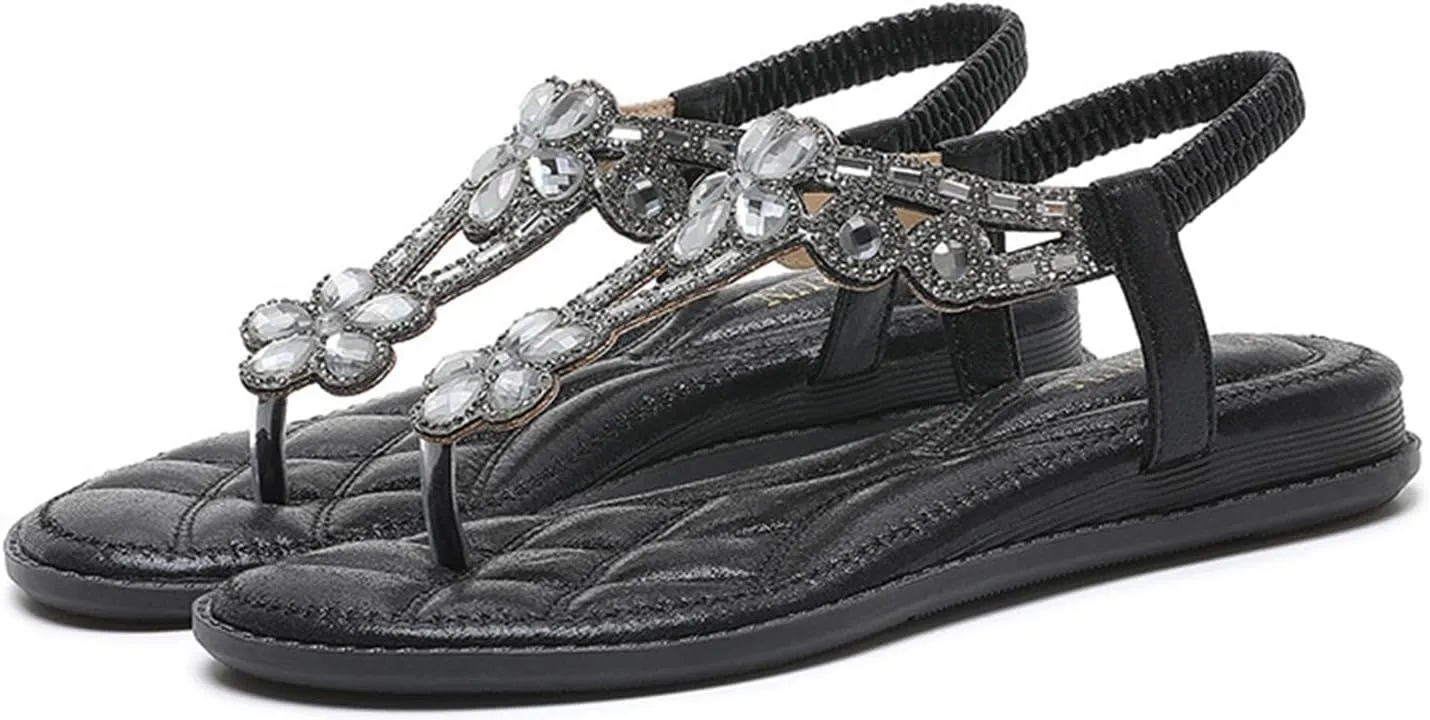Fashion Trendy Thong Sandals for Women 2025 T-Strap Beaded Flower Flip-Flop Shoes Bohemian Pearl Crystal Flat Sandals Summer Beach Elastic Flip-Flop Thong Shoes 2025