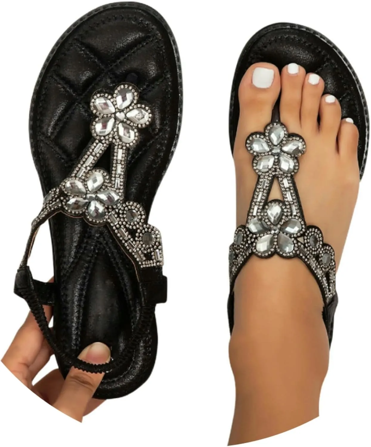 Fashion Trendy Thong Sandals for Women 2025 T-Strap Beaded Flower Flip-Flop Shoes Bohemian Pearl Crystal Flat Sandals Summer Beach Elastic Flip-Flop Thong Shoes 2025