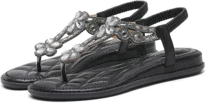 Fashion Trendy Thong Sandals for Women 2025 T-Strap Beaded Flower Flip-Flop Shoes Bohemian Pearl Crystal Flat Sandals Summer Beach Elastic Flip-Flop Thong Shoes 2025