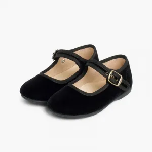 GIRLS BUCKLE UP VELVET MARY JANES BLACK